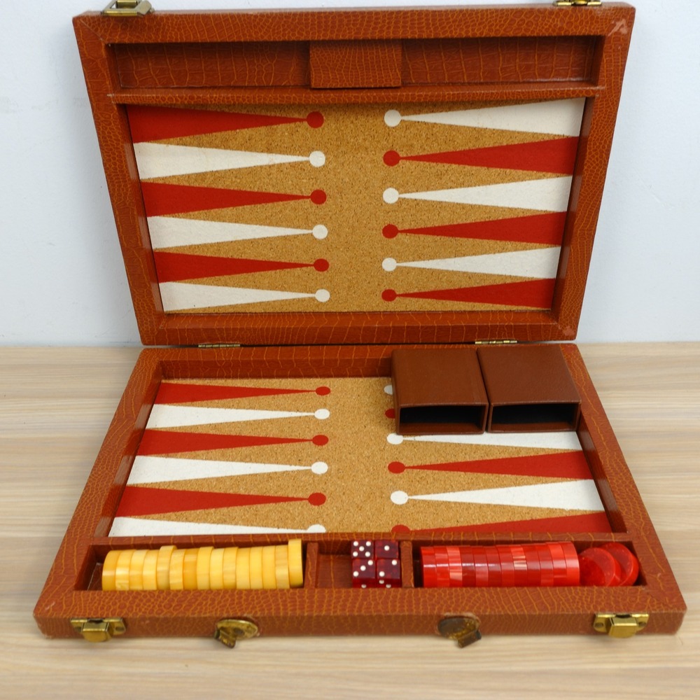 Vintage Bakelite Backgammon Board Game Butterscotch Cream Marbled Checkers Set - Picture 1 of 16